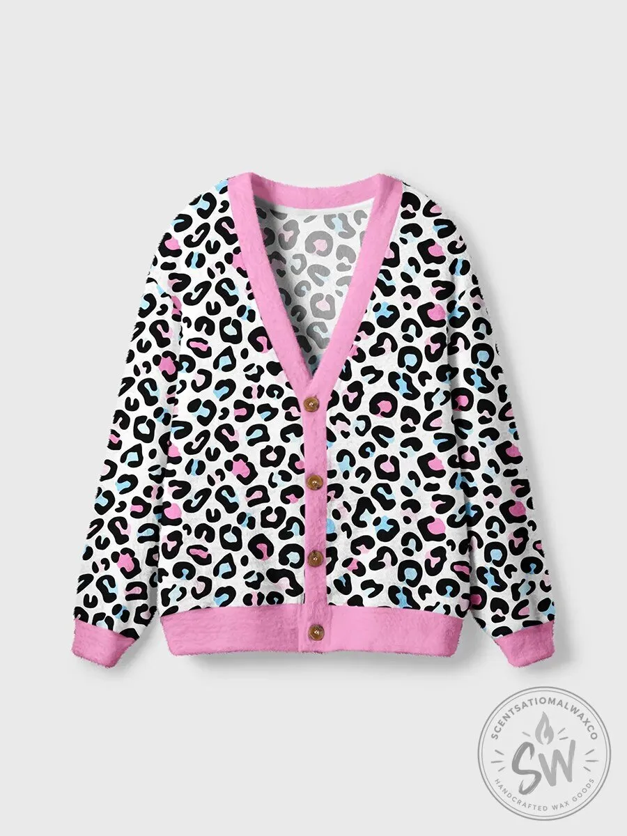 Colorful Leopard Print Cardigan Sweater with Pink Trim and Buttons