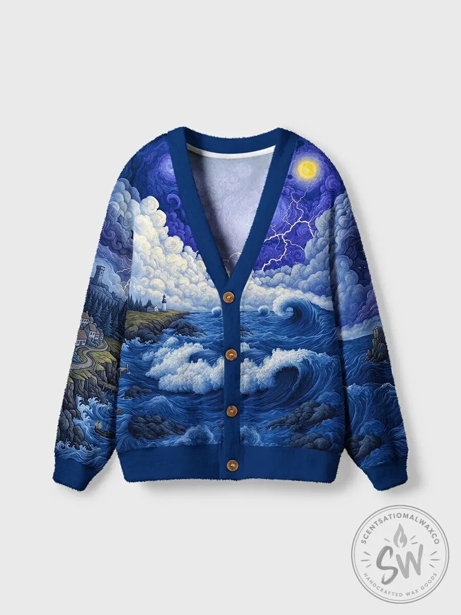 Vintage Stormy Sea Starry Night Lighthouse Landscape Cardigan Sweater