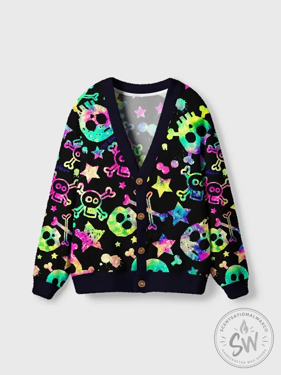 Neon Skull and Crossbones Stars Pattern Black Cardigan Sweater