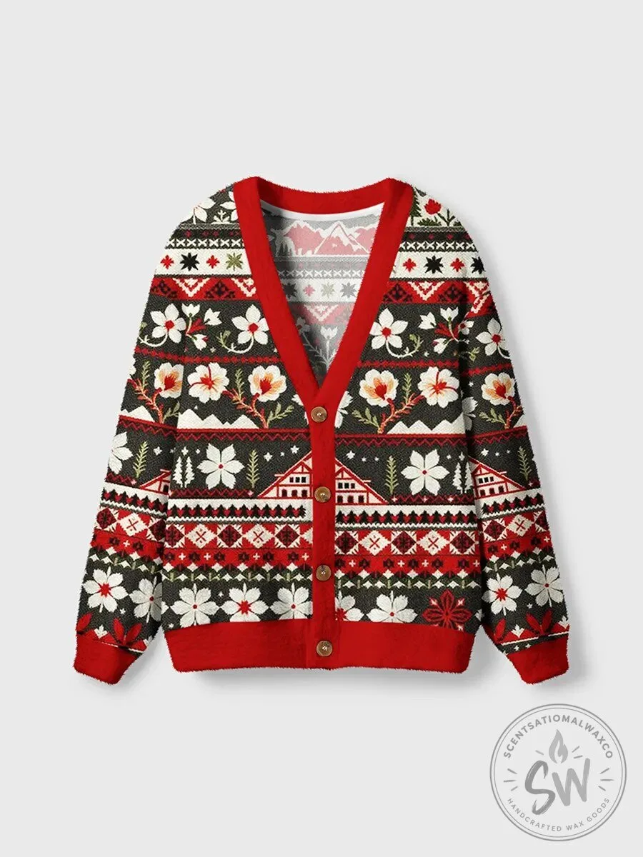 Vintage Nordic Christmas Floral Pattern Cardigan Sweater