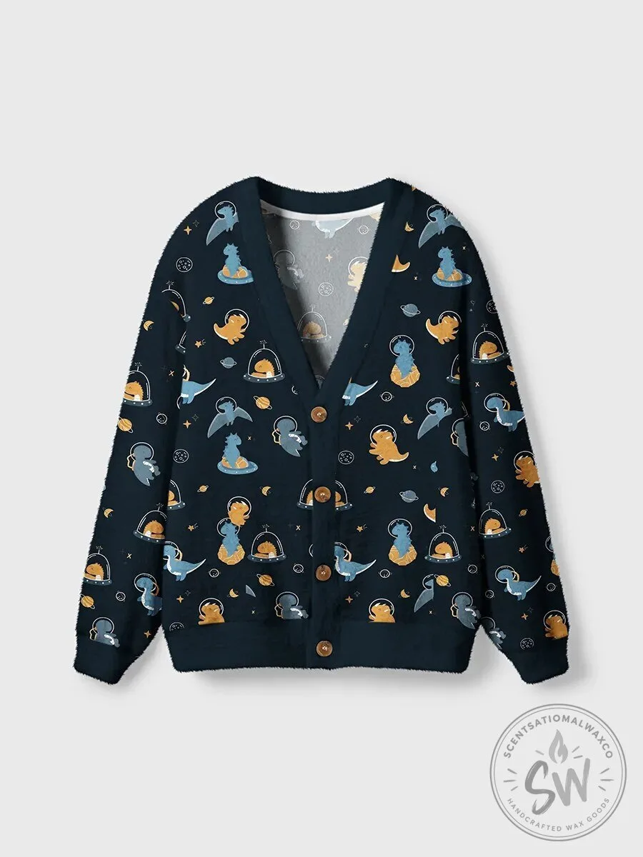 Cute Space Dinosaur Pattern Fuzzy Cardigan Sweater for Kids and Toddlers