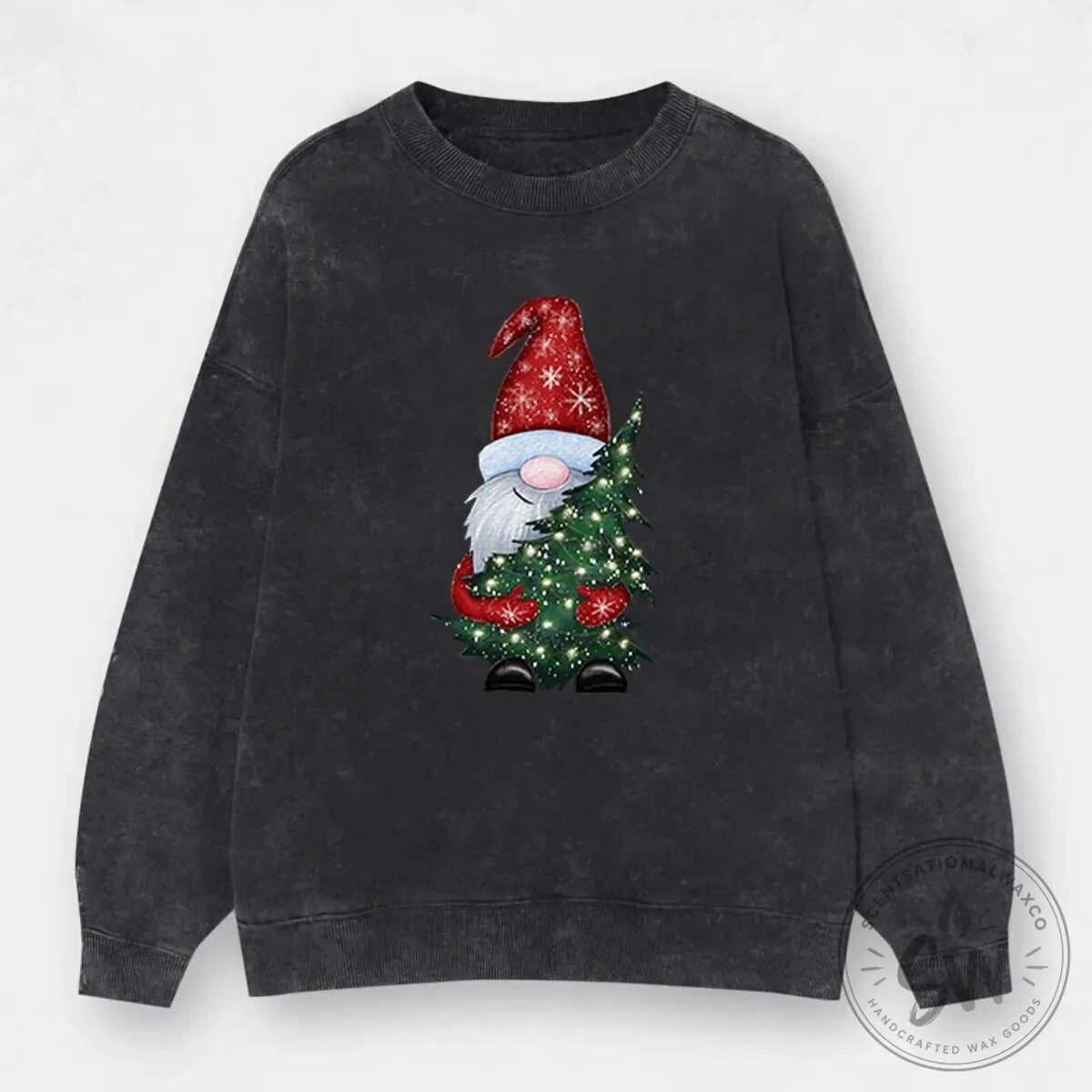 Vintage Christmas Gnome with Tree Washed Crewneck Sweatshirt